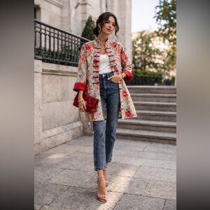 Chinoiserie Jacket Floral Baby Blue Pink Red Asian Inspired Women’s Size Medium